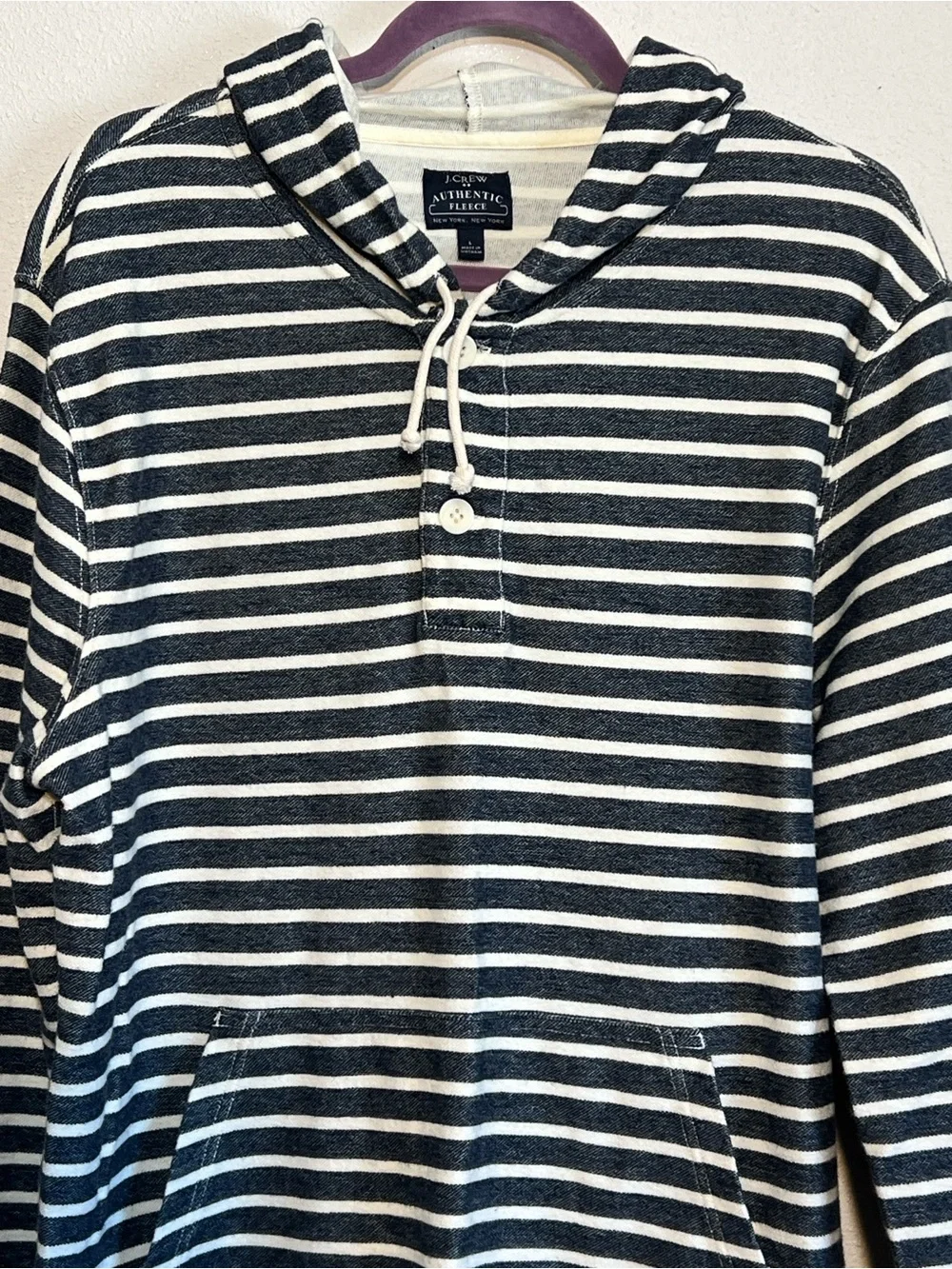 J.Crew authentic Fleece blue and white striped henley hoodie kangaroo pocket